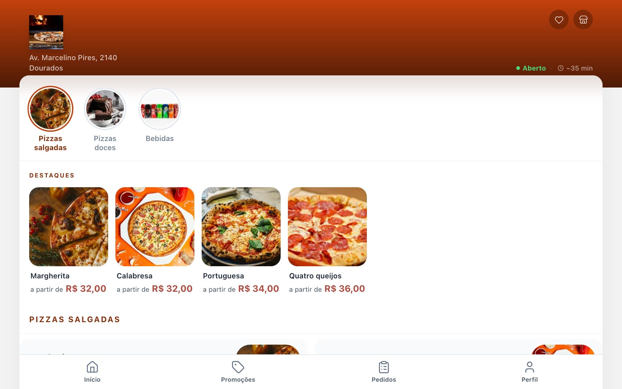 Cardápio digital de uma pizzaria, com destaques e categorias